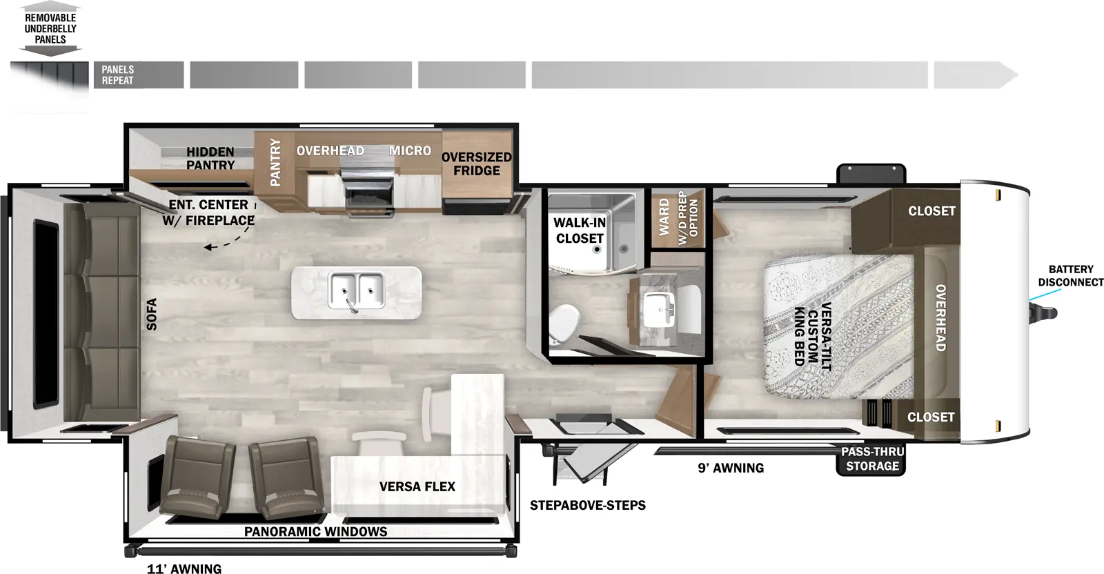 The Salem 27RE has one entry and two slide outs. Exterior features include: metal or fiberglass exterior and 11' & 9' awning. Interiors features include: kitchen island, front bedroom and rear living.